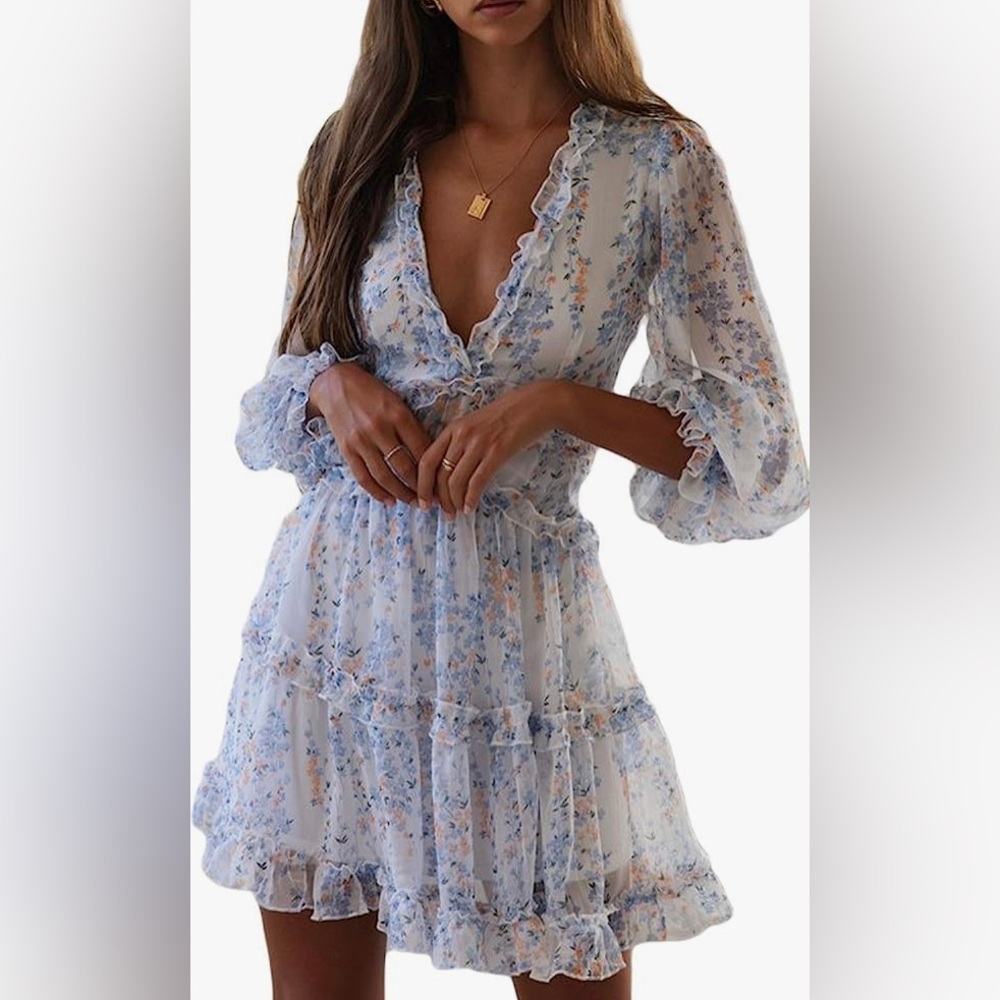 Womens Boho Floral Print Ruffle A Line Mini Dresse